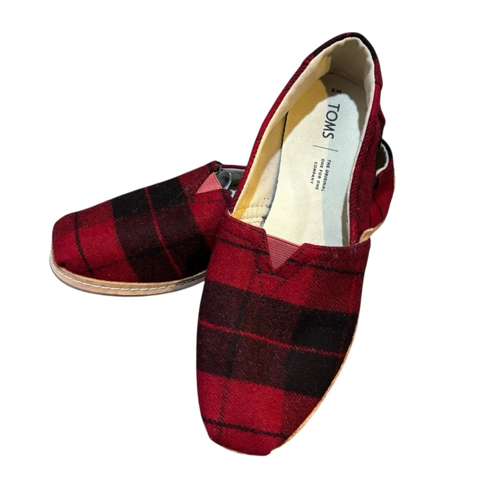 TOMS red plaid wool slip on shoes size womens 8